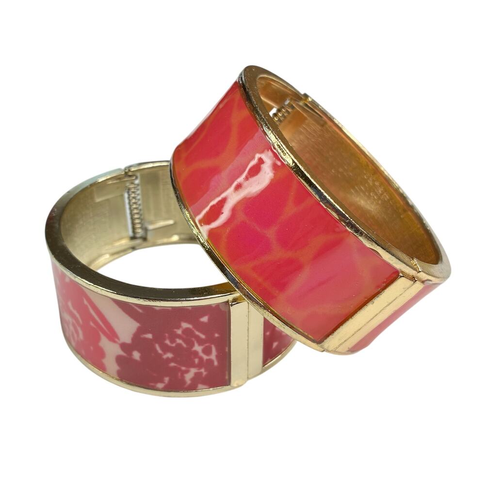 Lot of 2 Pink & Gold Hinged Cuff Bracelets- Giraffe, Floral